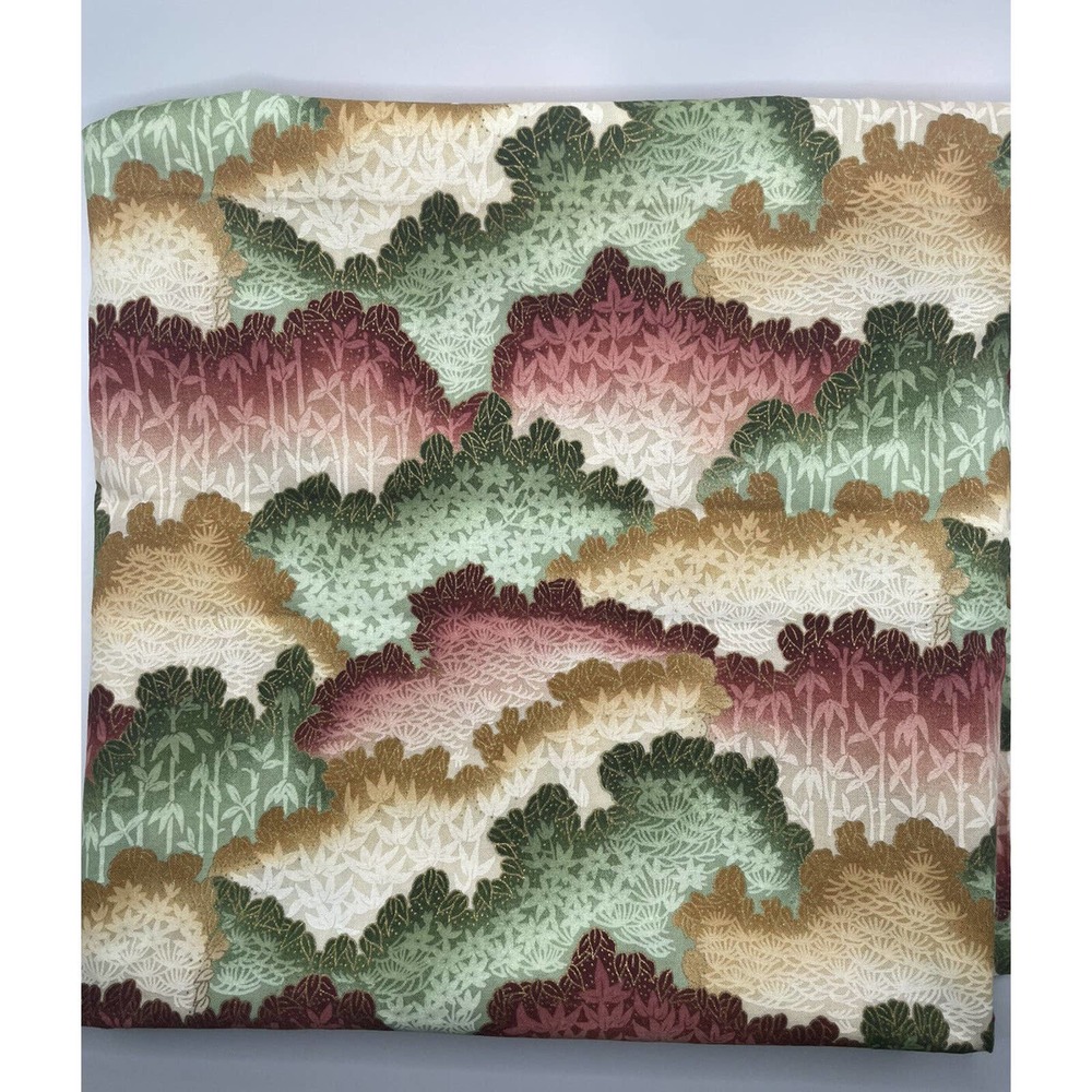 Hoffman Kimono Collection Cotton Fabric 1.1yds x 37” Green Yellow Red Trees